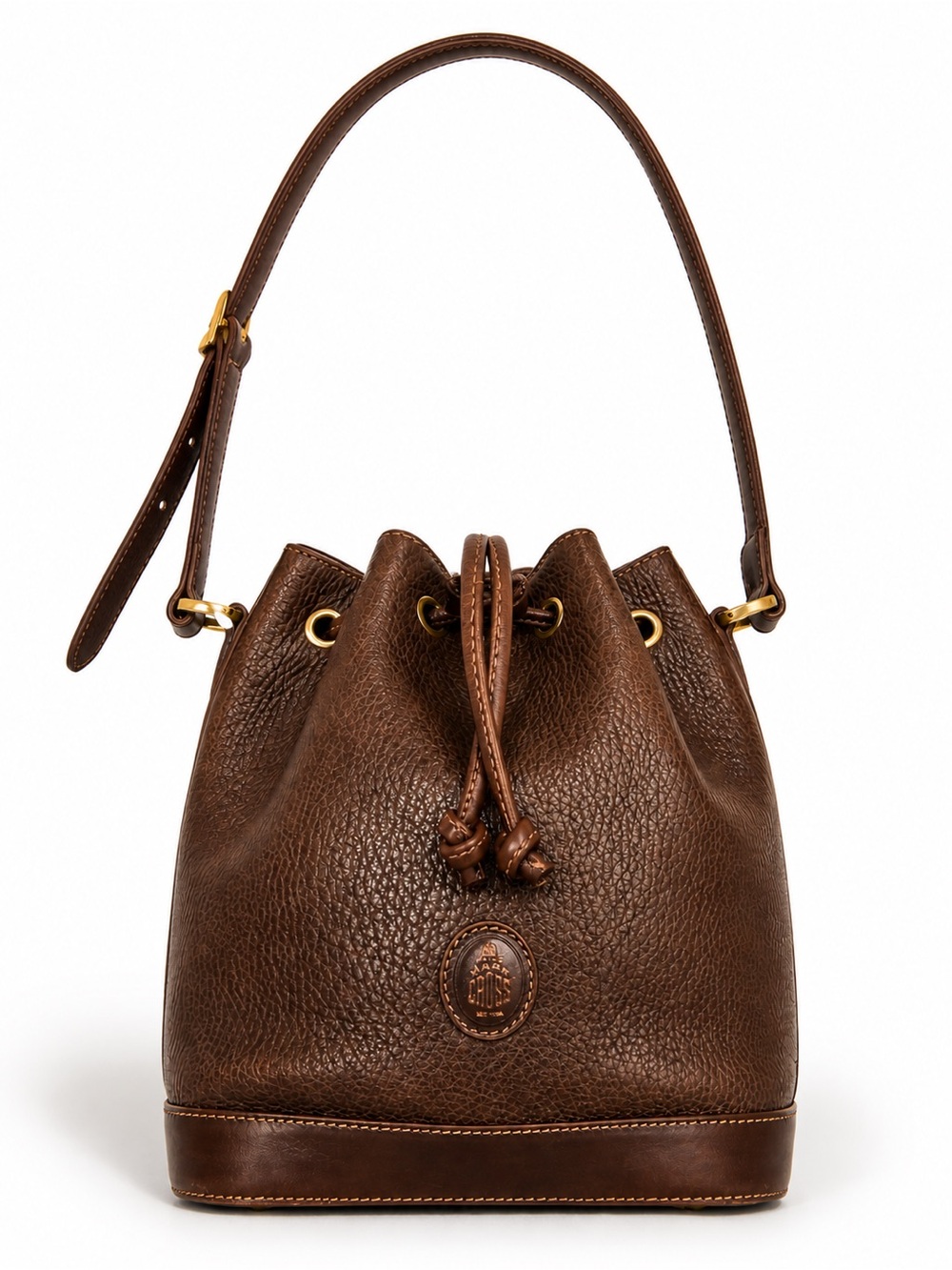 Mark Cross Brown Pebbled Leather Drawstring Bucket Bag Gold Hardware Vintage